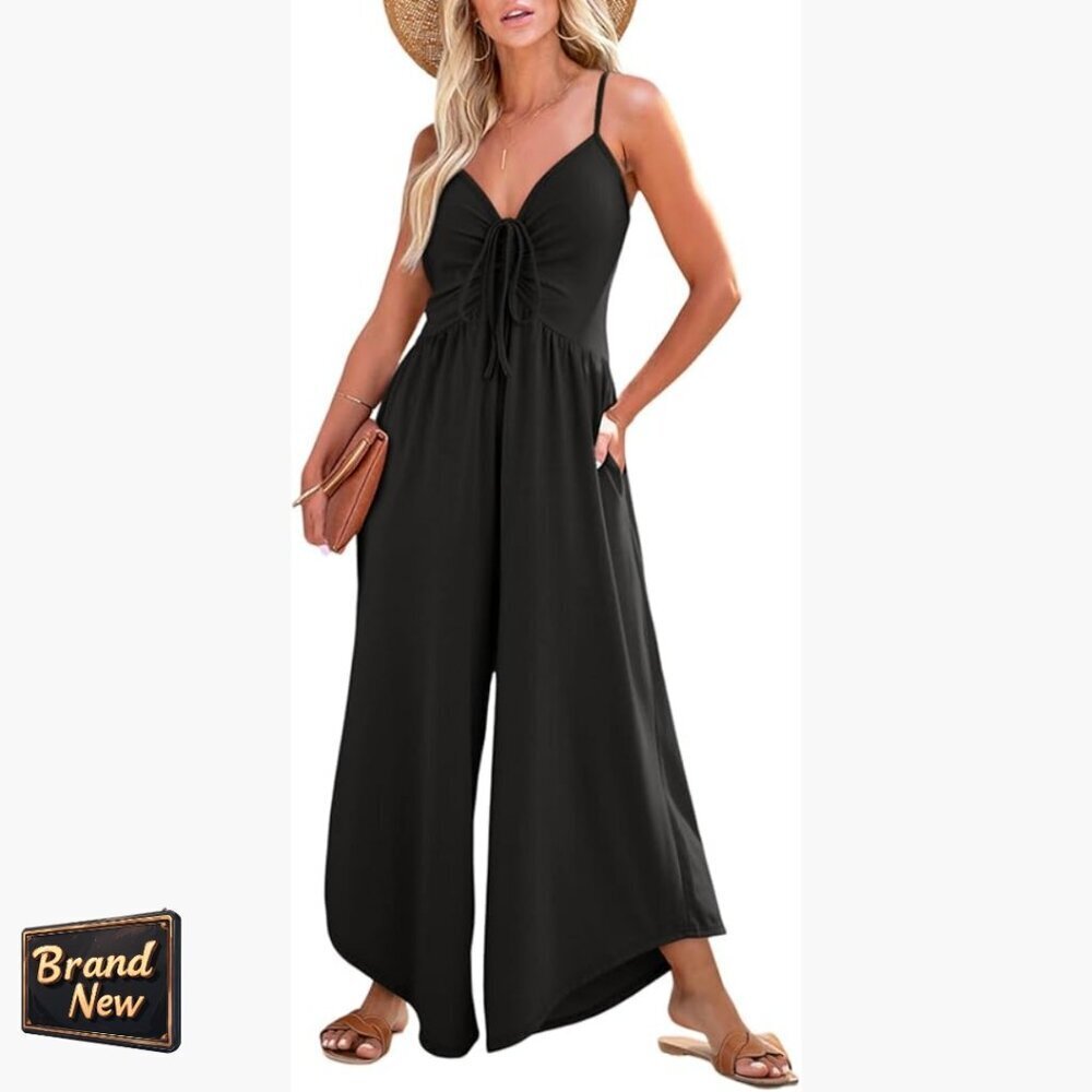 Wide Leg Jumpsuit with Spaghetti Straps Ruched Drawstring Pockets Summer